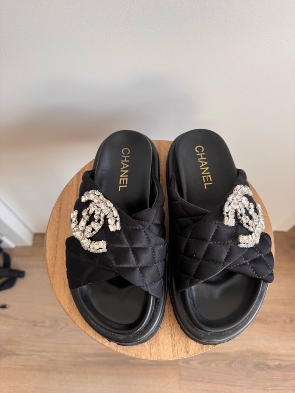 CHANEL D U P E Black Quilted Slide Mules with Crystal CC Emblem